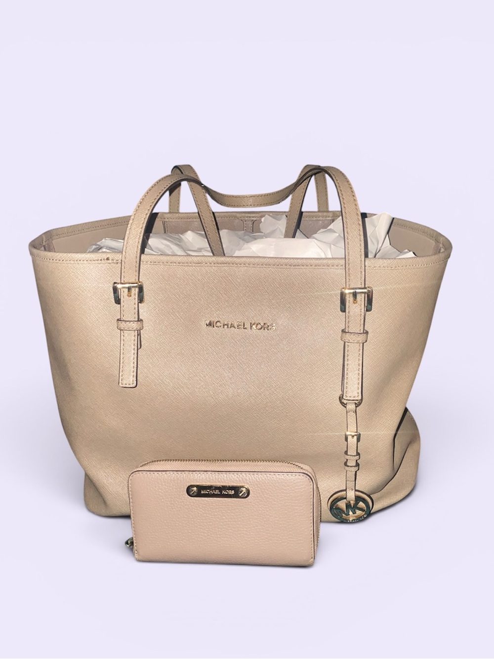 Michael Kors Pebbled Leather Tote And Wallet in Taupe - Picture 2 of 7
